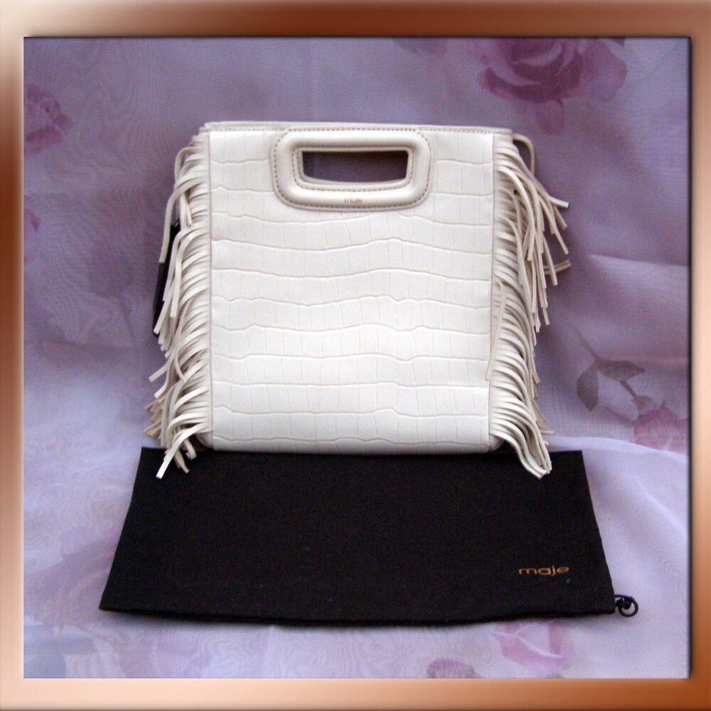 🍦 NWT $360 Maje Ecru Vanilla Leather Croco Fringe Handbag Clutch